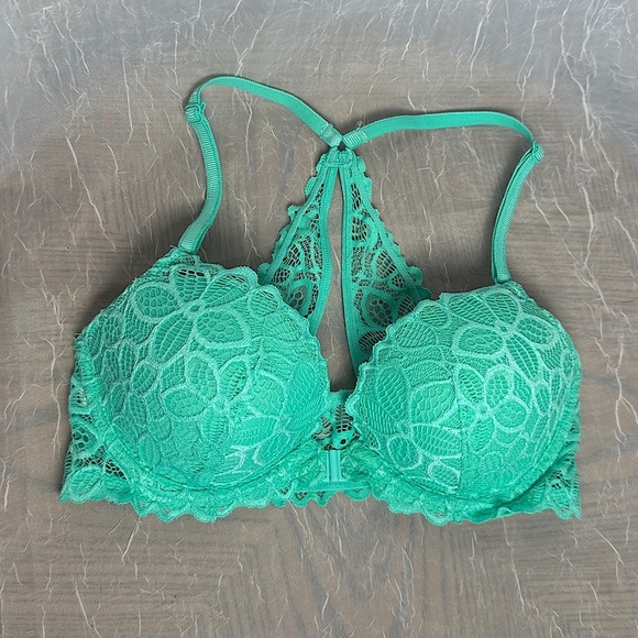 3/$20💥 Victoria’s Secret PINK Bra Teal Blue Lace Date Racerback Padded Push Up - Picture 1 of 14